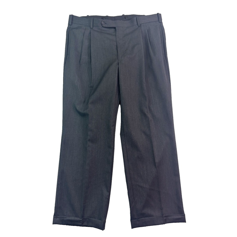 vtg 90s Charcoal Herringbone‎ 100% Wool 40x30 Dress Suit Pants Pleated Cuffed